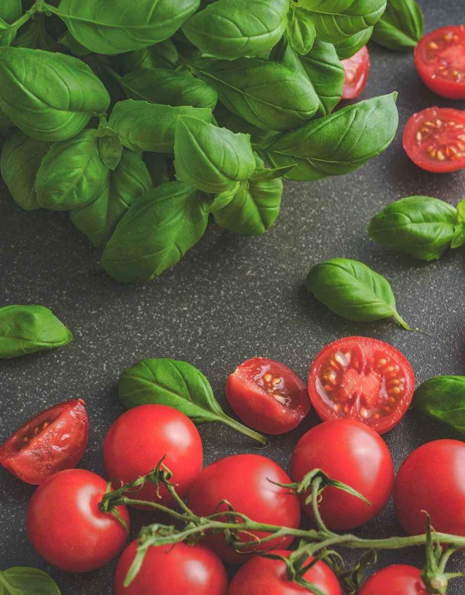photography of tomatoes near basil leaves